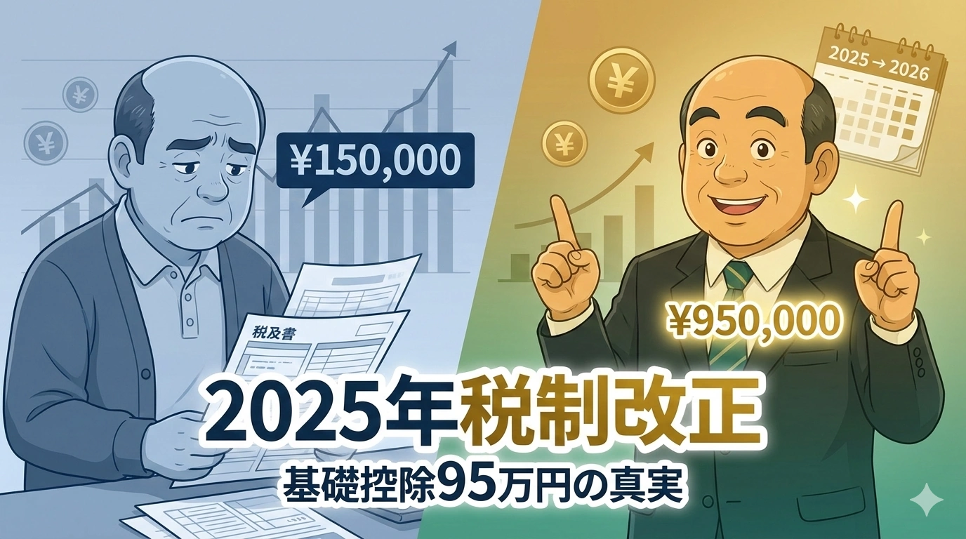 2025年税制改正で基礎控除が最大95万円に引き上げられたが、早期退職初年度と2年目で恩恵に差があることを示す図解